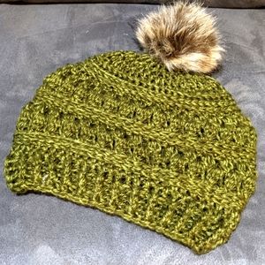 New handmade crochet green textured beanie with faux fur pompom